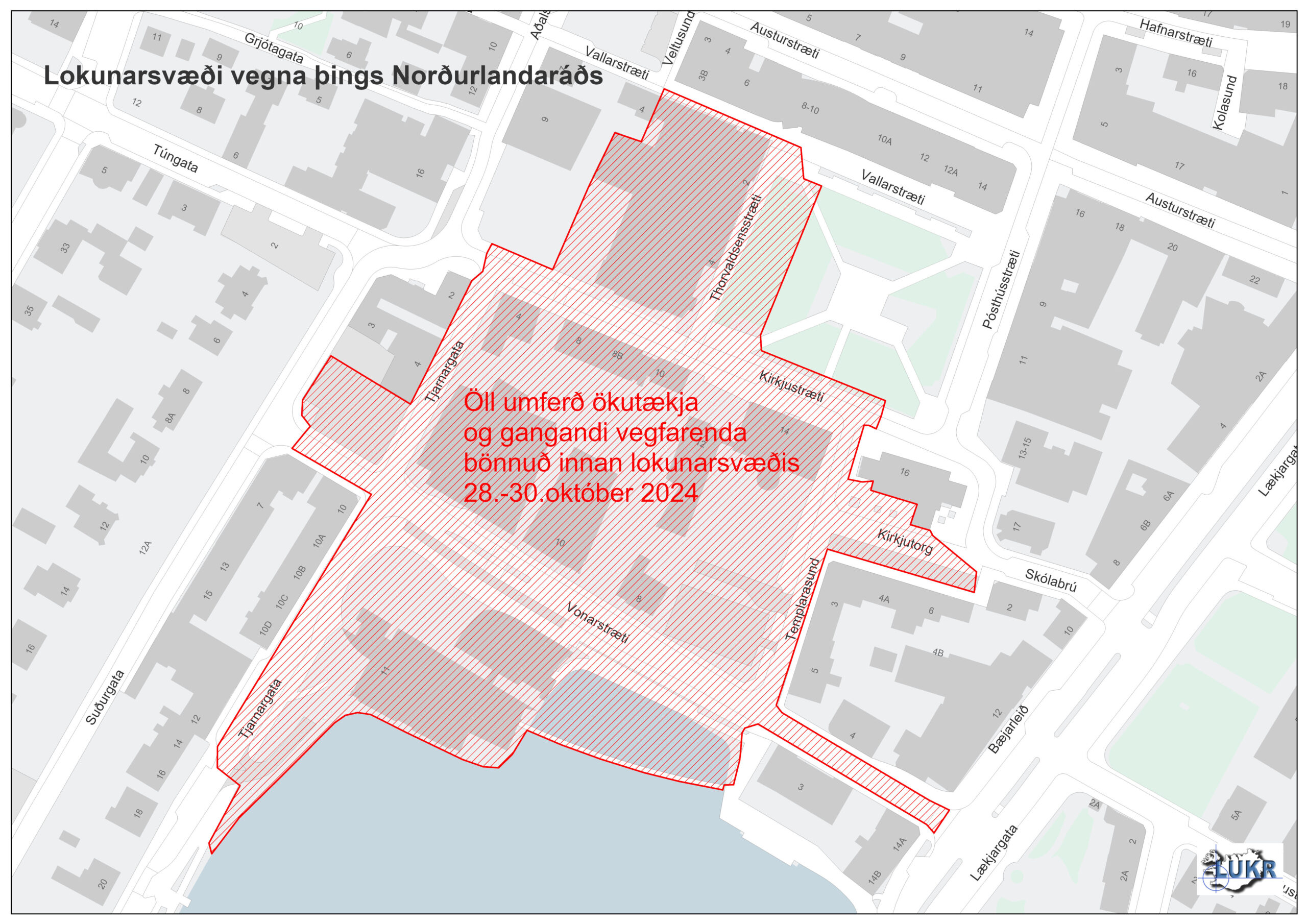 Í miðborg Reykjavíkur verður Vonarstræti lokað milli Lækjargötu og Suðurgötu. Templarasund og Kirkjustræti frá Pósthússtræti verður einnig lokað, auk þess sem Tjarnargötu á milli Vonarstrætis og Kirkjustrætis verður lokað.Bílastæðahúsi við Ráðhús Reykjavíkur verður lokað fyrir allri umferð en Tjarnargata frá Skothúsvegi verður opin að Tjarnargötu 14, þar sem tvístefnuakstur verður um opna hlutann á Tjarnargötu. Bílastæðahúsinu verður lokað mánudaginn 28. október kl. 8:00 og götulokanir taka gildi á sama tíma. Lokunum verður aflétt á miðvikudeginum 30. október kl. 16:00.